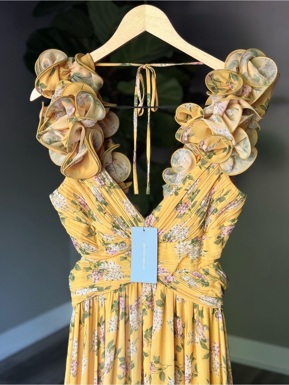 NWT Antonio Melania Yellow Floral Ruffled Sleeve Elevated V Neck Maxi Dress